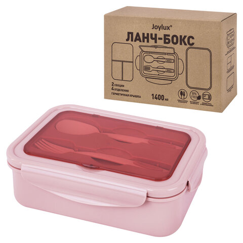 ланч-бокс контейнер, 2 секции, 3+1 отделения, 1,4 л, ложка, вилка, 7х21х14 см, розовый, joylux (джой
