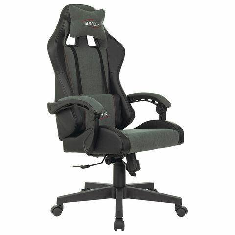 кресло компьютерное brabix "striker gm-121", синхромеханизм, 2 подушки, экокожа/велюр, черное/серое,