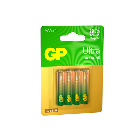 батарейки комплект 4 шт., gp ultra g-tech, aaa (lr03, 24а), алкалиновые, мизинчиковые, 24aua21-2crsb