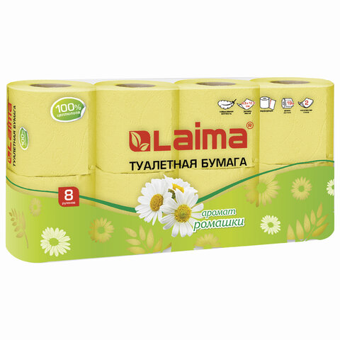 бумага туалетная бытовая, спайка 8 шт., 2-х слойная, (8х19 м), laima, аромат ромашки, 128721