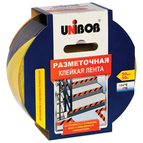 клейкая лента разметочная 50 мм х 50 м, желто-черная, unibob, основа-пвх, европодвес, 48905
