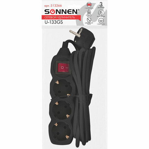 удлинитель сетевой sonnen u-133gs, 3 розетки, c заземлением, выключатель, 10 а, 3 м, черный, 513266