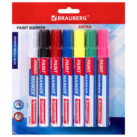 маркер-краска лаковый extra (paint marker) 4 мм, набор 7 цветов, усиленная нитро-основа, brauberg, 1
