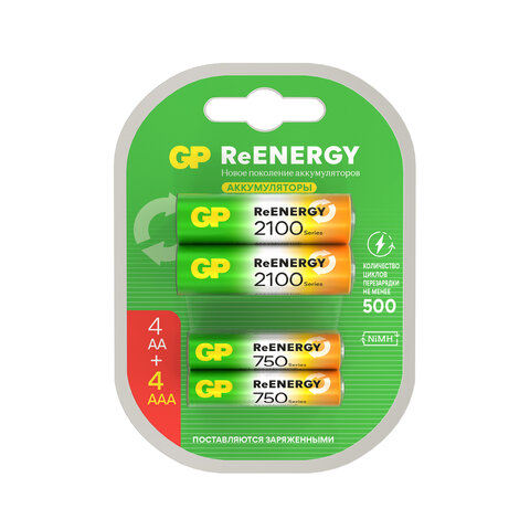 батарейки аккумуляторные gp reenergy ni-mh набор 8 шт. (промо 4+4), aa+ааа (hr6+hr03), 2000 mah + 75