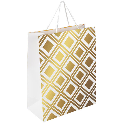 пакет подарочный (1 штука) 26x13x32 см, золотая сказка "gold luxury", тиснение фольгой, белый, 60824