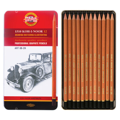 карандаши чернографитные koh-i-noor, набор 12 шт., "art", 2.5 мм.8в-2h, без резинки, металл.коробка,