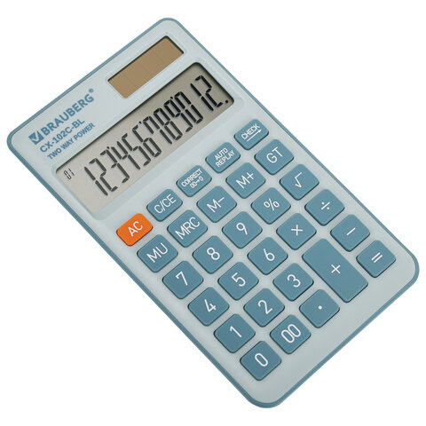 калькулятор карманный brauberg cx-102c-bl (76x126 мм), 12 разрядов, двойное питание, голубой, 272649