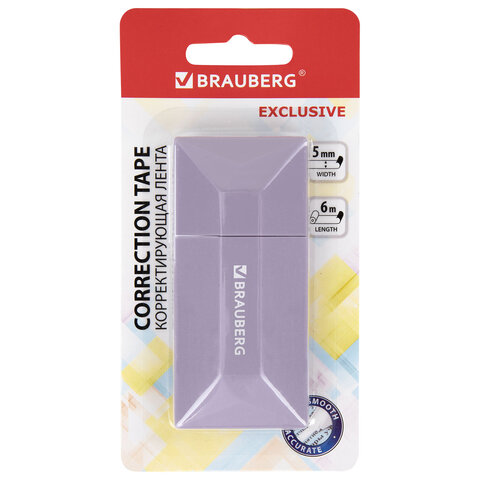 корректирующая лента brauberg "exclusive", 5 мм х 6 м, ассорти, блистер, 273022