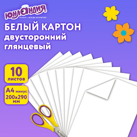 картон белый а4 мелованный (белый оборот), 10 листов, в папке, юнландия, 200х290 мм, "панда", 111311