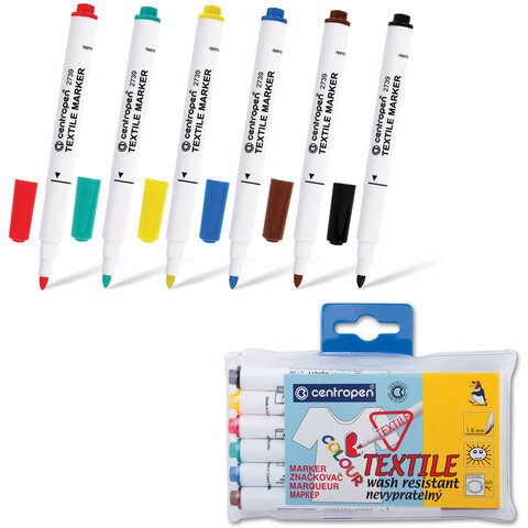 маркеры для ткани 6 цветов centropen "textile marker", круглый наконечник, 1,8 мм, 2739/6, 5 2739 06