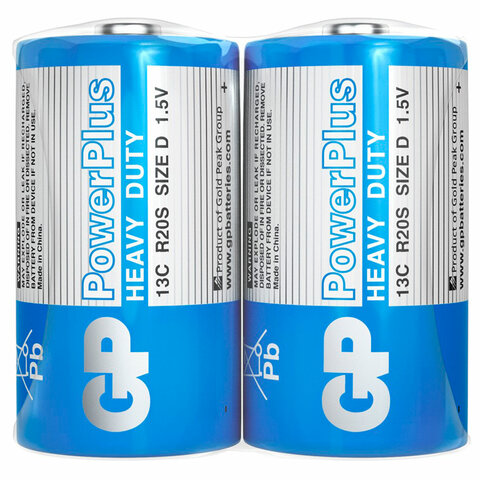 батарейки комплект 2 шт., gp powerplus d (13c), солевые, в пленке, 13cebra-2s2