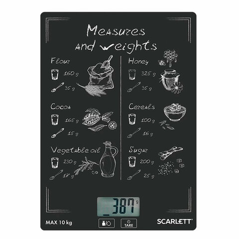 весы кухонные scarlett sc-ks57p64, электронный дисплей, max вес 10 кг, тарокомпенсация, стекло