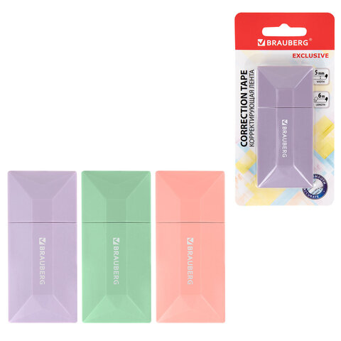 корректирующая лента brauberg "exclusive", 5 мм х 6 м, ассорти, блистер, 273022