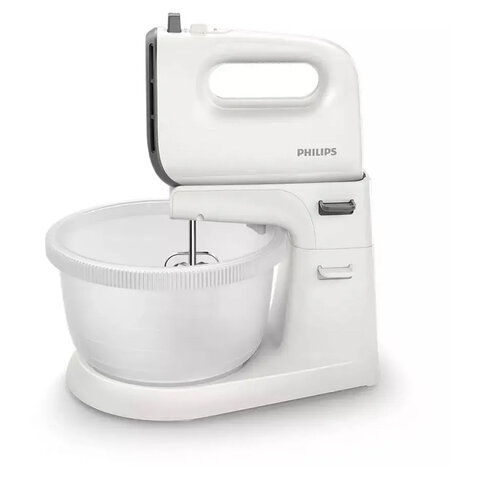 миксер philips hr3745/00 на подставке 450 вт, 5 скоростей, 2 венчика, 2 крюка для теста, чаша, белый