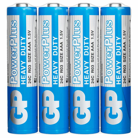 батарейки комплект 4 шт., gp powerplus aaa (r03, 24g), солевые, мизинчиковые, в пленке, 24cebra-2s4