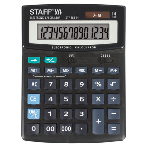 калькулятор настольный staff stf-888-14 (200х150 мм), 14 разрядов, двойное питание, 250182
