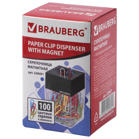 скрепочница магнитная brauberg со 100 цветными скрепками 28 мм, прозрачный корпус, 228401