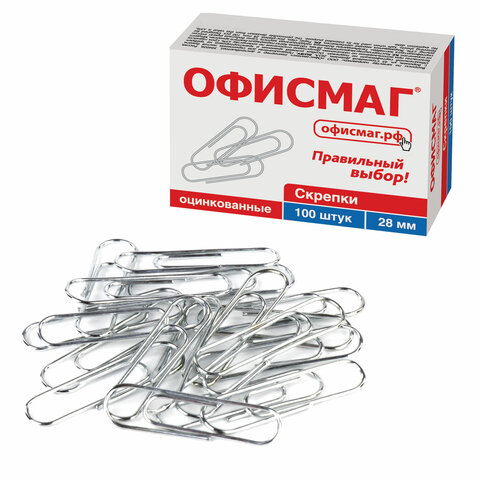 скрепки офисмаг, 28 мм, оцинкованные, 100 шт., в картонной коробке, 227582