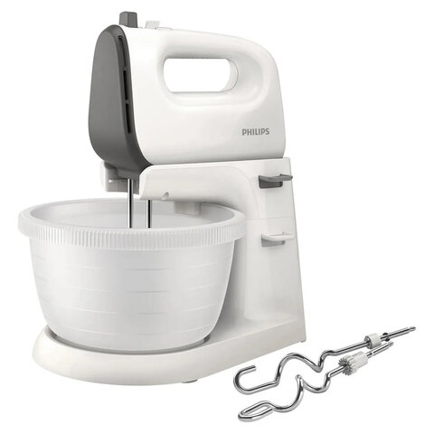 миксер philips hr3745/00 на подставке 450 вт, 5 скоростей, 2 венчика, 2 крюка для теста, чаша, белый