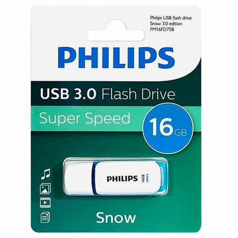 флеш-диск 16 gb philips snow, разъем usb 3.0, синий, fm16fd75b/97