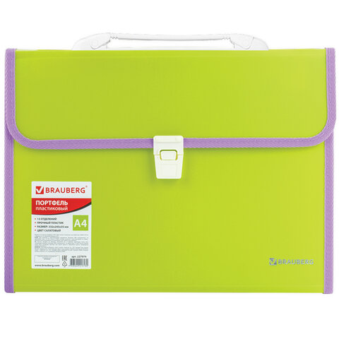 папка-портфель пластиковая brauberg "joy", а4 (330х245х35 мм), 13 отделений, с окантовкой, салатовая