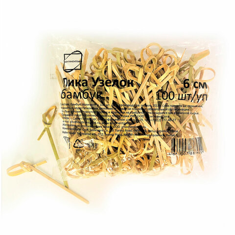пики (шпажки) для канапе бамбуковые узелок, 6 см, 100 шт., кп, 123314
