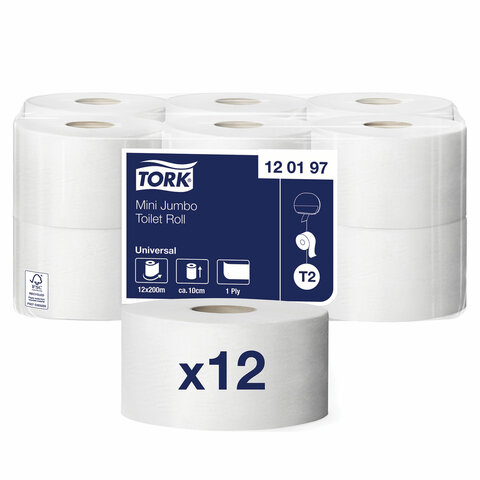 бумага туалетная 200 метров, tellus/tork (система t2) universal, 1-слойная, комплект 12 рулонов, 120