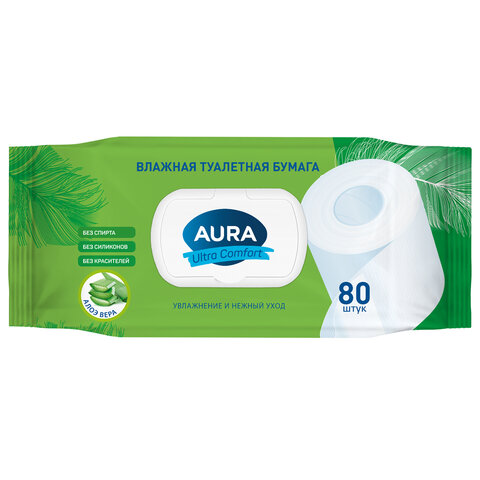 бумага туалетная влажная 80 шт., aura "ultra comfort" с пластиковым клапаном, 14055