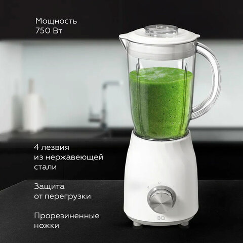 блендер стационарный bq (би-кью) sb1009, 750 вт, 2 скорости, чаша 1,2 л, пластик, белый, 86192481