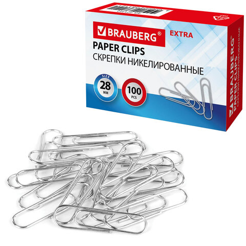 скрепки extra brauberg 28 мм никелированные 100 штук, 271312