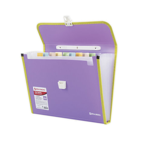 папка-портфель пластиковая brauberg "joy", а4 (330х245х35 мм), 13 отделений, с окантовкой, фиолетова