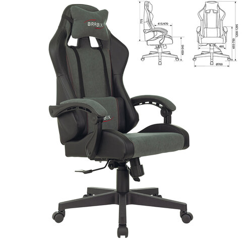 кресло компьютерное brabix "striker gm-121", синхромеханизм, 2 подушки, экокожа/велюр, черное/серое,