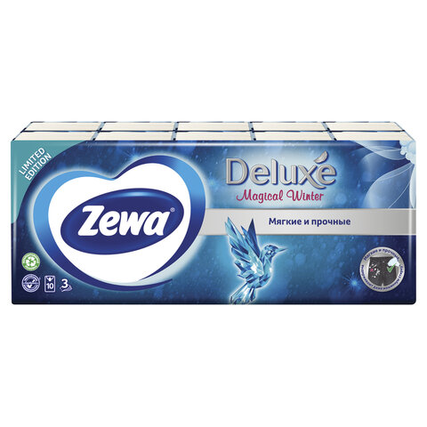 платочки бумажные носовые zewa deluxe 3-слойные, спайка 10 пачек по 10 шт., 21х21 см, 51174