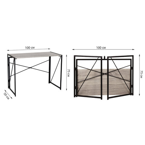 стол на металлокаркасе brabix "loft cd-002", 1000х500х750 мм, складной, цвет дуб антик, 641213