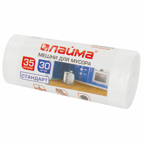 мешки для мусора 35 л белые в рулоне 30 шт., пнд 6 мкм, 48х55 см, laima, 605538