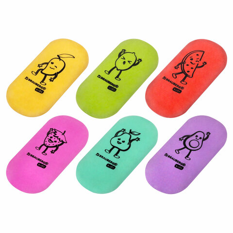 ластики brauberg kids "fruits", набор 6 штук, 50х23х10 мм, овальные, ассорти, 272669
