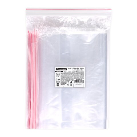 пакеты zip lock "зиплок" прочные, комплект 100 шт., 250х350 мм, пвд, 60 мкм, brauberg extra, 608175