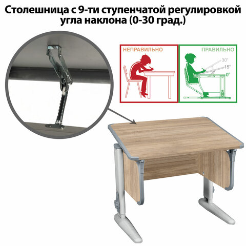 стол-парта регулируемый "дэми" сут.41, 750х550х530-815 мм, серый каркас, пластик серый, дуб сонома (