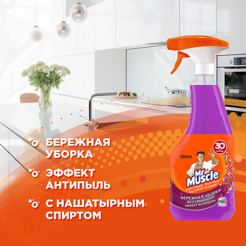 средство для мытья стекол, пластика и бытовой техники 530 мл, мистер мускул "лаванда", распылитель, 