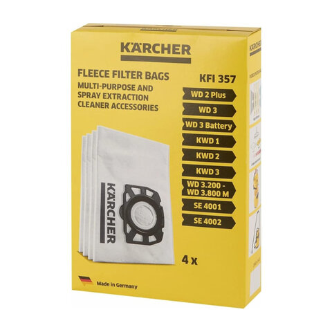 мешки для сбора пыли karcher, комплект 4 шт., нетканые, пылесосы wd2 plus/3, se 4001/02, 2.863-314.0
