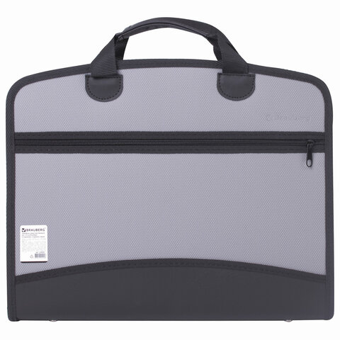 папка-портфель пластиковая brauberg а4+ (375х305х60 мм), 4 отделения, 2 кармана, серая, 228685