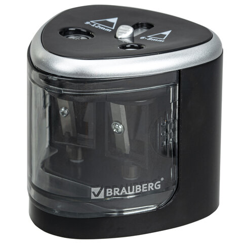 точилка электрическая brauberg dual (для 2 диаметров карандашей!), 4 батарейки аа, черная, 270581