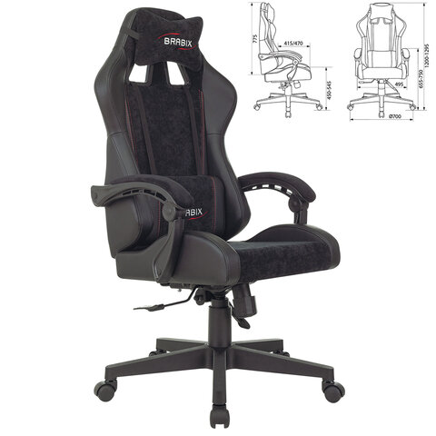 кресло компьютерное brabix "striker gm-121", синхромеханизм, 2 подушки, экокожа/велюр, черное, 53296