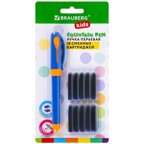 ручка перьевая с 10 сменными картриджами, иридиевое перо, brauberg kids, 143955
