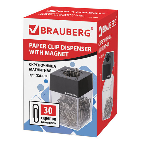 скрепочница магнитная brauberg с 30 скрепками, прозрачный корпус, 225189