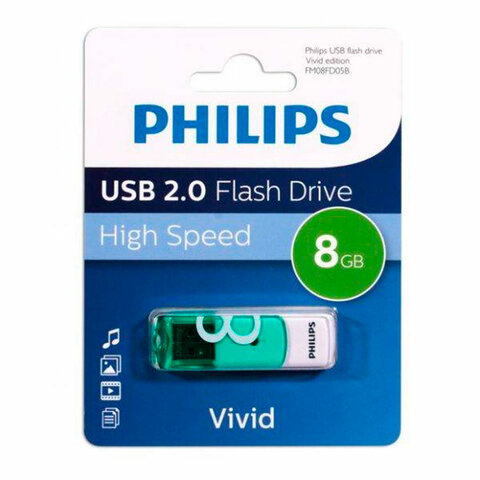флеш-диск 8gb philips vivid, разъем usb 2.0, зеленый, fm08fd05b/97