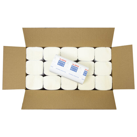 полотенца бумажные 250 шт., laima (h3) universal white plus, 1-слойные, белые, комплект 15 пачек, 23