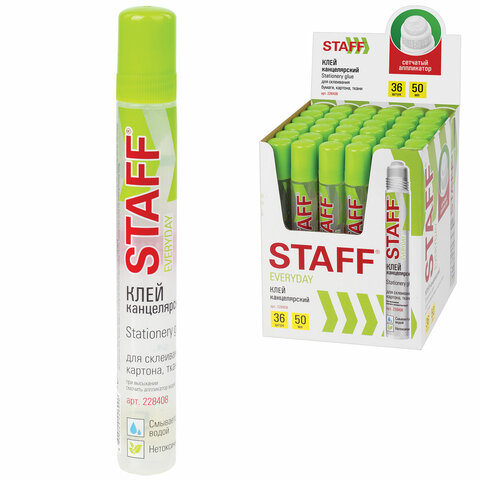 клей канцелярский staff everyday, 50 мл, сетчатый аппликатор, 228408