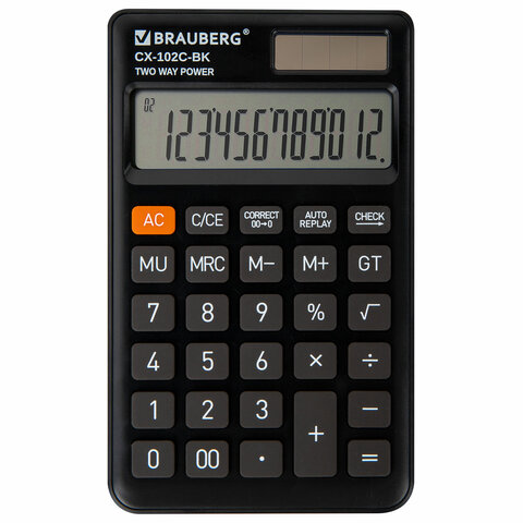 калькулятор карманный brauberg cx-102c-bk (76x126 мм), 12 разрядов, двойное питание, черный, 272647
