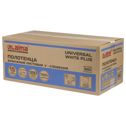 полотенца бумажные 250 шт., laima (h3) universal white plus, 1-слойные, белые, комплект 15 пачек, 23